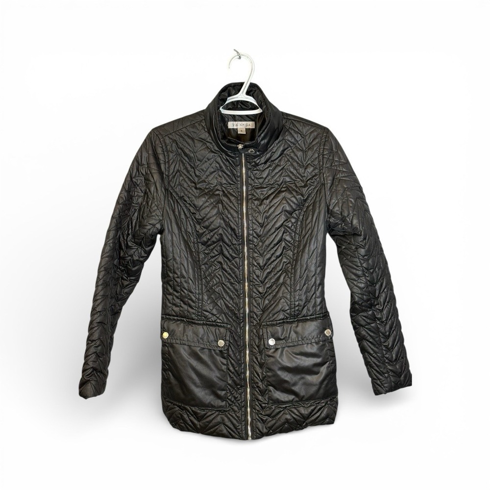 Via Spiga Black Chevron Quilted Zip Front Jacket Women's Size Small